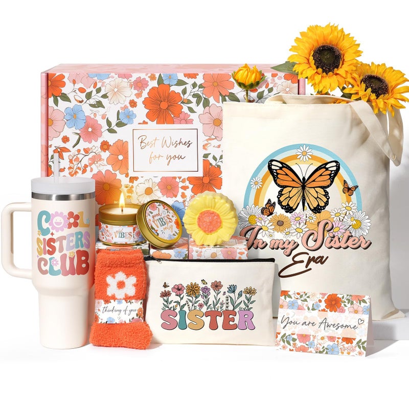 Partylamb Sisters Gifts from Sister  Birthday Mothers Day Gifts for Little Big Sisters Gift for Sister in Law Thinking of You Gift from Brother  Friends  Bestie  Cool Care Package with 40 OZ Tumbler Makeup Bag - Image 1